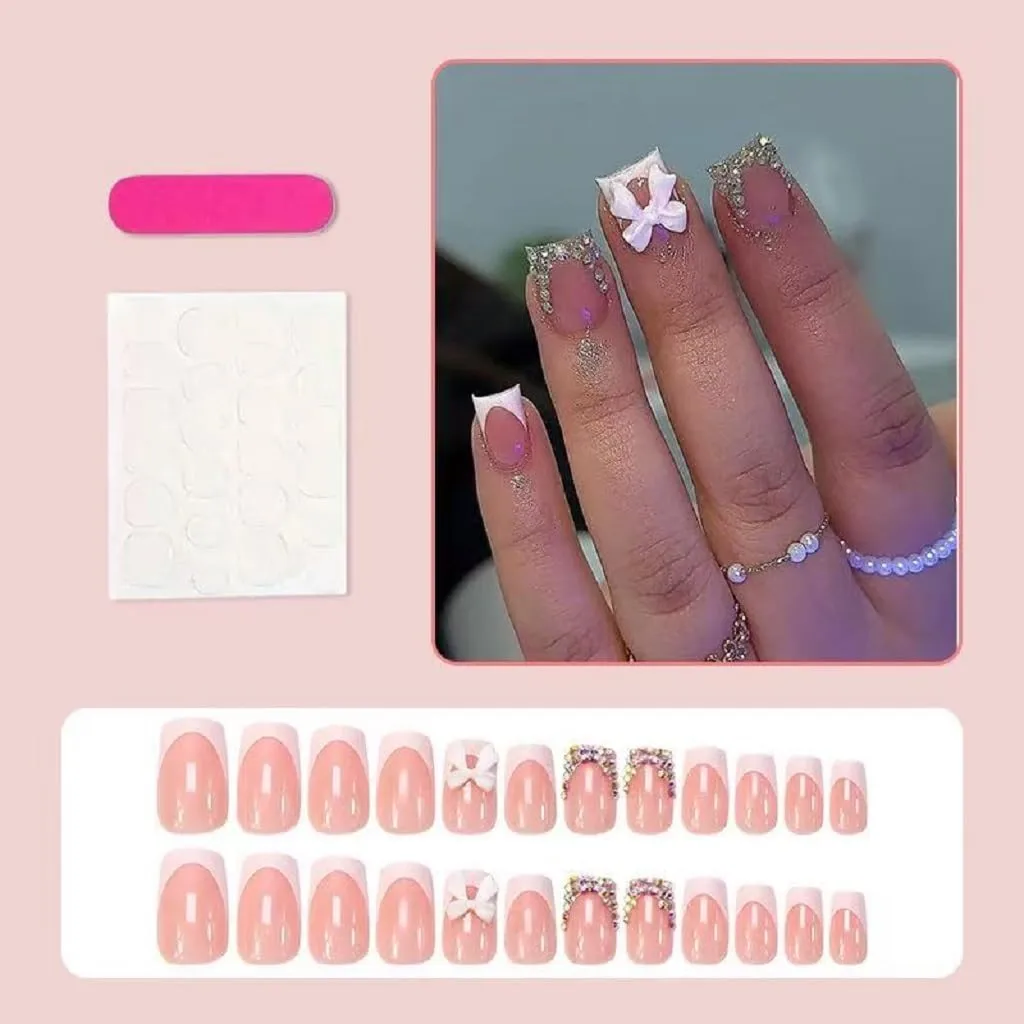 Square Press on Nails Short Fake Nails White French Tip with 3D Bow Design Glue on Nails Glossy Acrylic Rhinestone Nails Full Cover Stick on Nails Artificial Nails for Women Manicure 24 Pcs