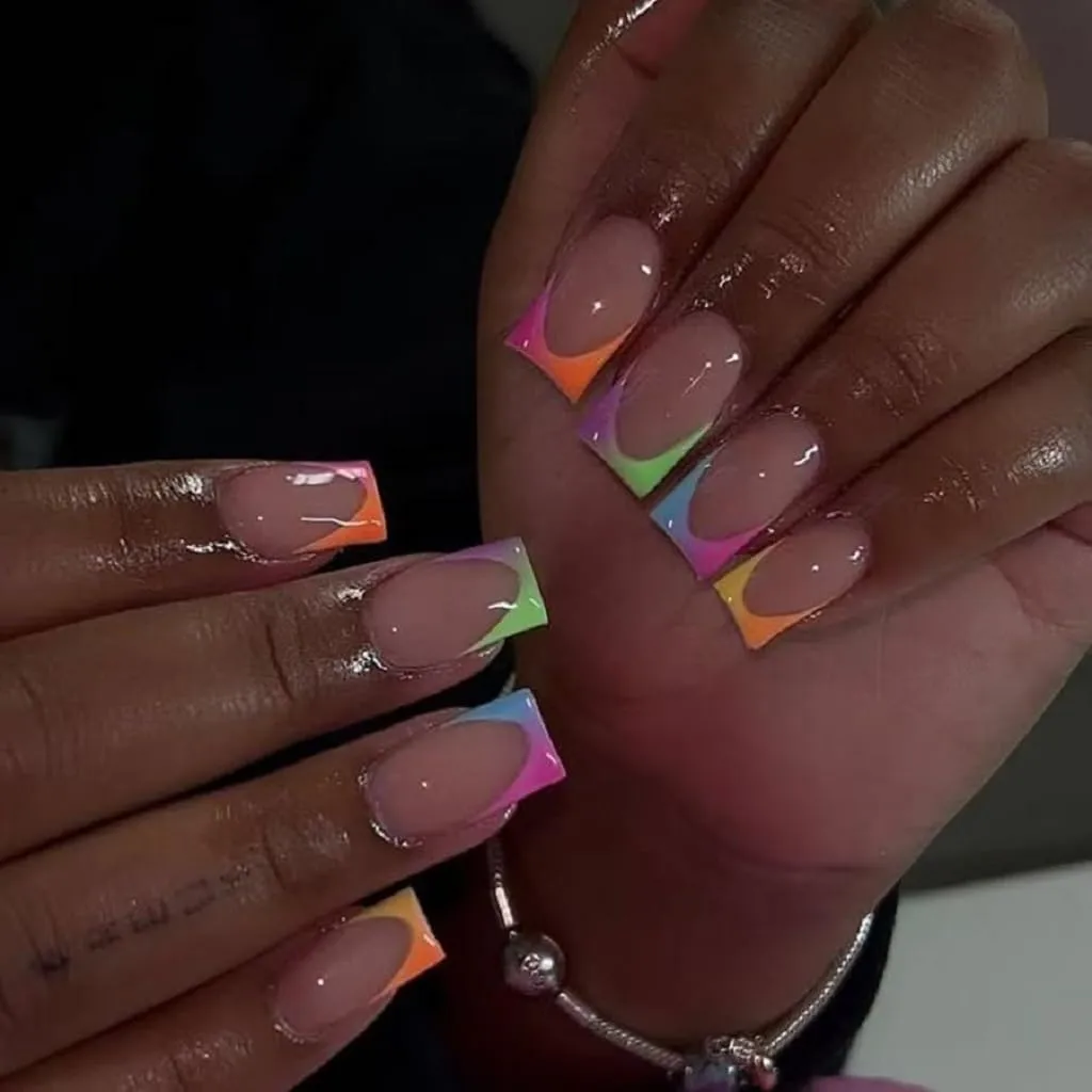 French Tip Press on Nails Square Fake Nails Short False Nails Colorful Ombre Glossy Acrylic Nails Artificial Nails Full Cover Stick on Nails Reusable Manicure for Women 24 Pcs