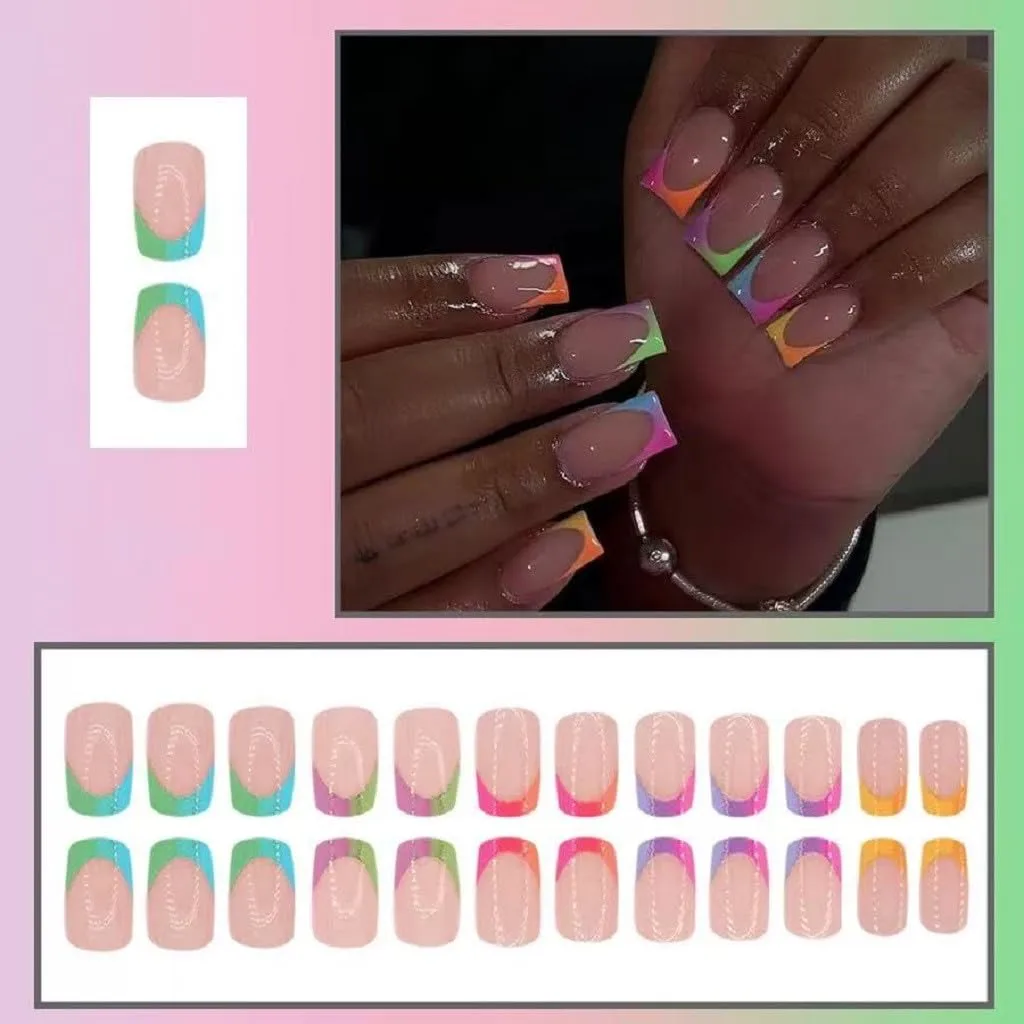 French Tip Press on Nails Square Fake Nails Short False Nails Colorful Ombre Glossy Acrylic Nails Artificial Nails Full Cover Stick on Nails Reusable Manicure for Women 24 Pcs