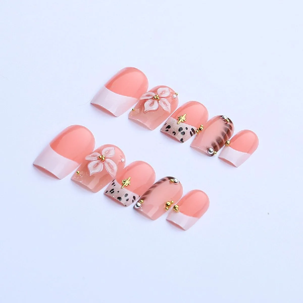 French Tip Press on Nails Medium Square Fake Nails with Rhinestone Pearl 3D Flower Leopaed Design Full Cover Glossy Stick on False Nails for Women 24Pcs
