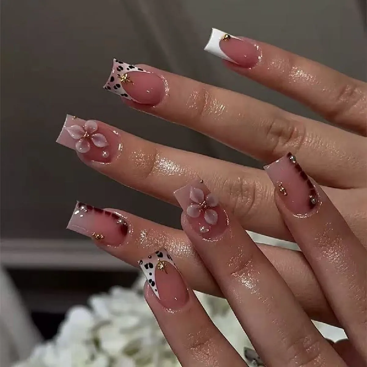 French Tip Press on Nails Medium Square Fake Nails with Rhinestone Pearl 3D Flower Leopaed Design Full Cover Glossy Stick on False Nails for Women 24Pcs