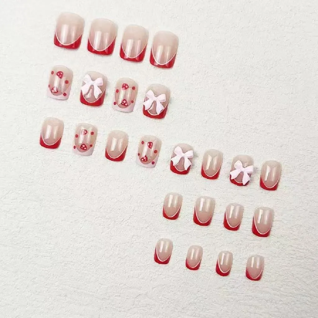 Short Press on Nails Square Fake Nails French Tip False Nails with 3D Bow Strawberry Design Glue on Nails Glossy Acrylic Artificial Nails Full Cover Stick on Nails for Women 24 Pcs