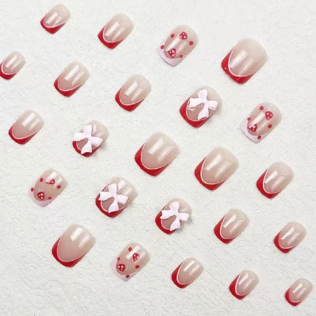 Short Press on Nails Square Fake Nails French Tip False Nails with 3D Bow Strawberry Design Glue on Nails Glossy Acrylic Artificial Nails Full Cover Stick on Nails for Women 24 Pcs