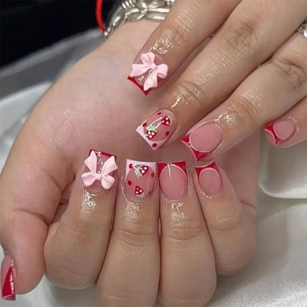 Short Press on Nails Square Fake Nails French Tip False Nails with 3D Bow Strawberry Design Glue on Nails Glossy Acrylic Artificial Nails Full Cover Stick on Nails for Women 24 Pcs