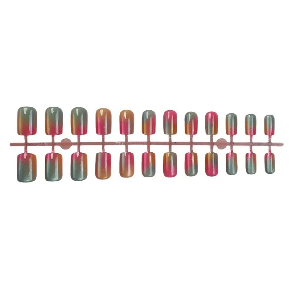 Press on Nails Short Square Fake Nails with Cat Eye Design Glue on Nails Pink Ombre Glossy Acrylic Nails Artificial Nails Full Cover Stick on Nails for Women 24 Pcs