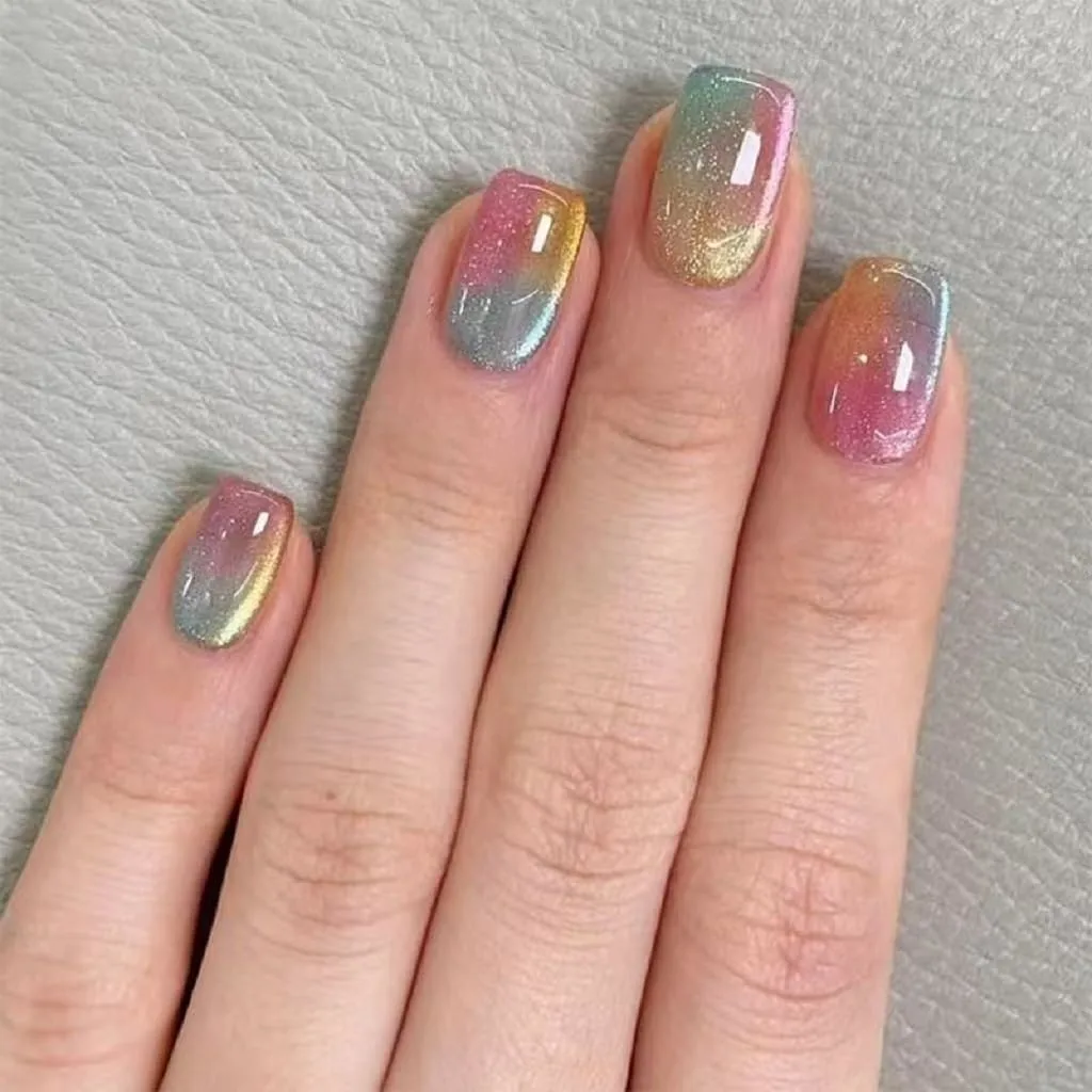 Press on Nails Short Square Fake Nails with Cat Eye Design Glue on Nails Pink Ombre Glossy Acrylic Nails Artificial Nails Full Cover Stick on Nails for Women 24 Pcs