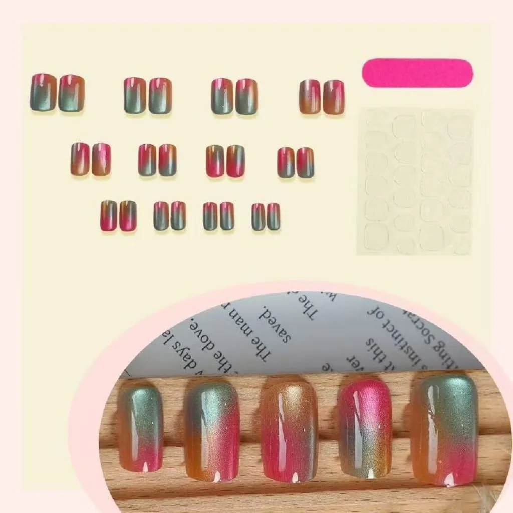 Press on Nails Short Square Fake Nails with Cat Eye Design Glue on Nails Pink Ombre Glossy Acrylic Nails Artificial Nails Full Cover Stick on Nails for Women 24 Pcs