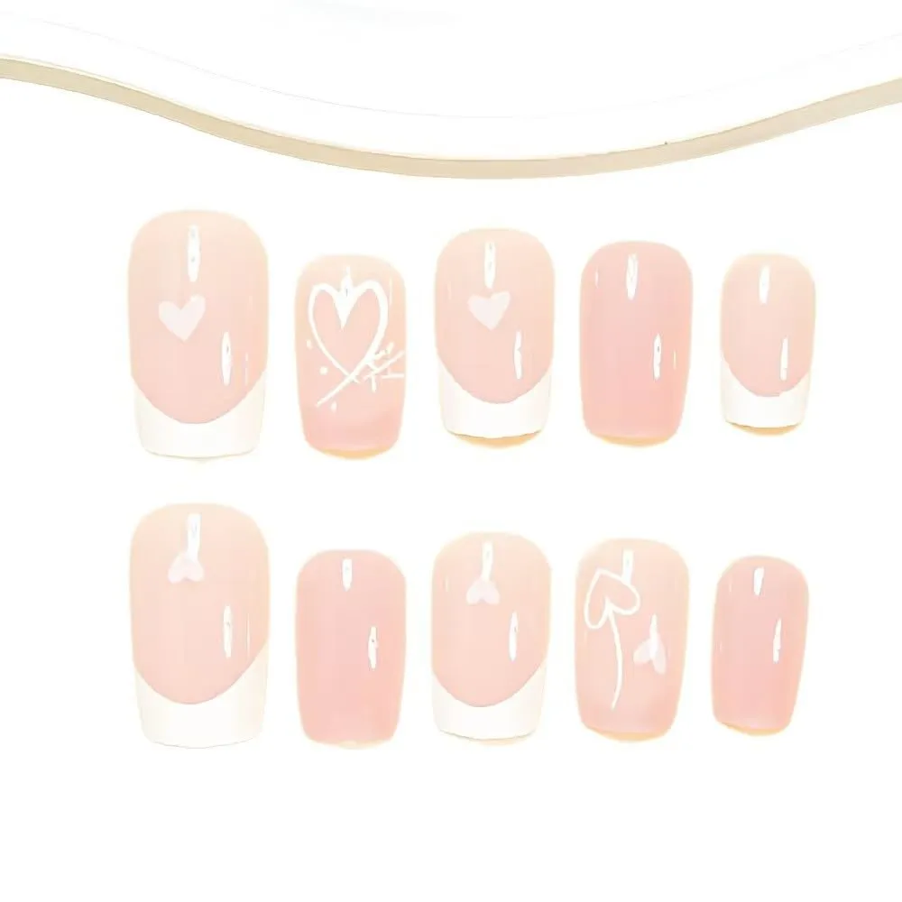 White French Tip Press on Nails Medium Square Fake Nails with Heart Design Full Cover Pink Stick on False Nails for Women 24 Pcs
