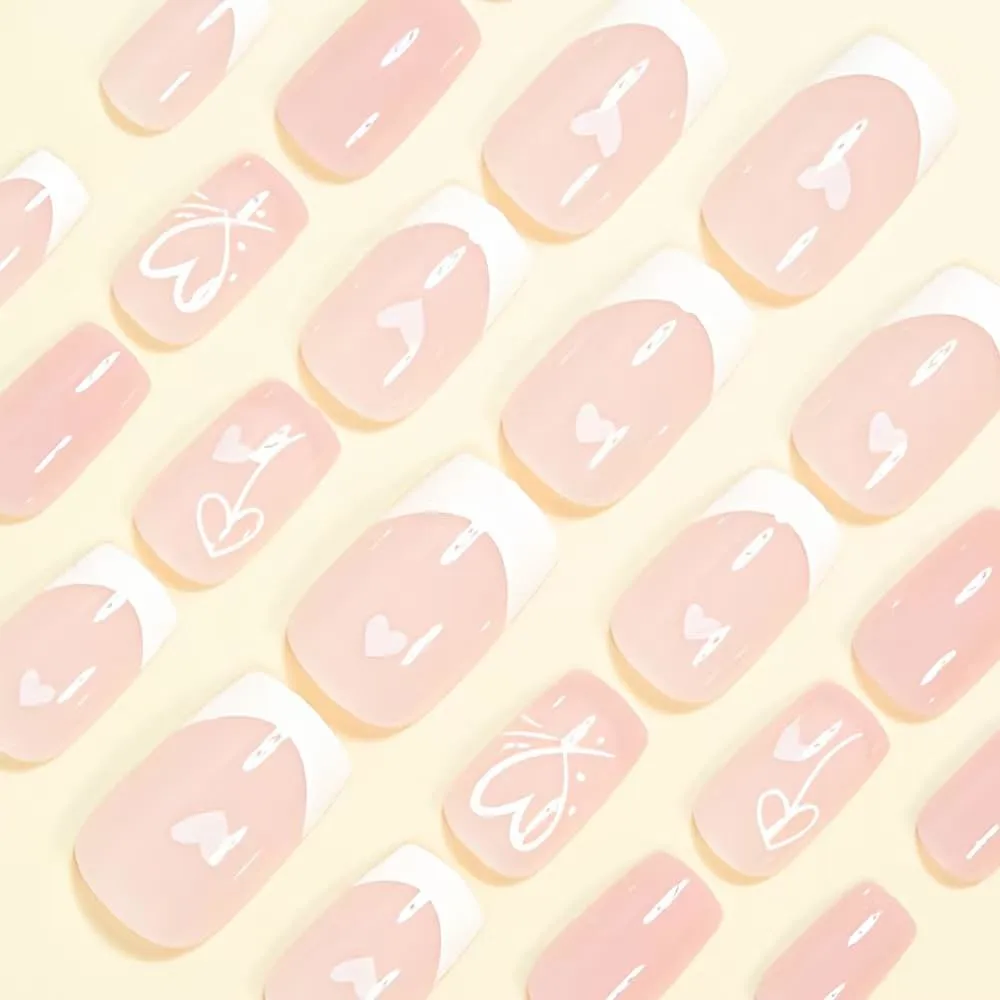 White French Tip Press on Nails Medium Square Fake Nails with Heart Design Full Cover Pink Stick on False Nails for Women 24 Pcs