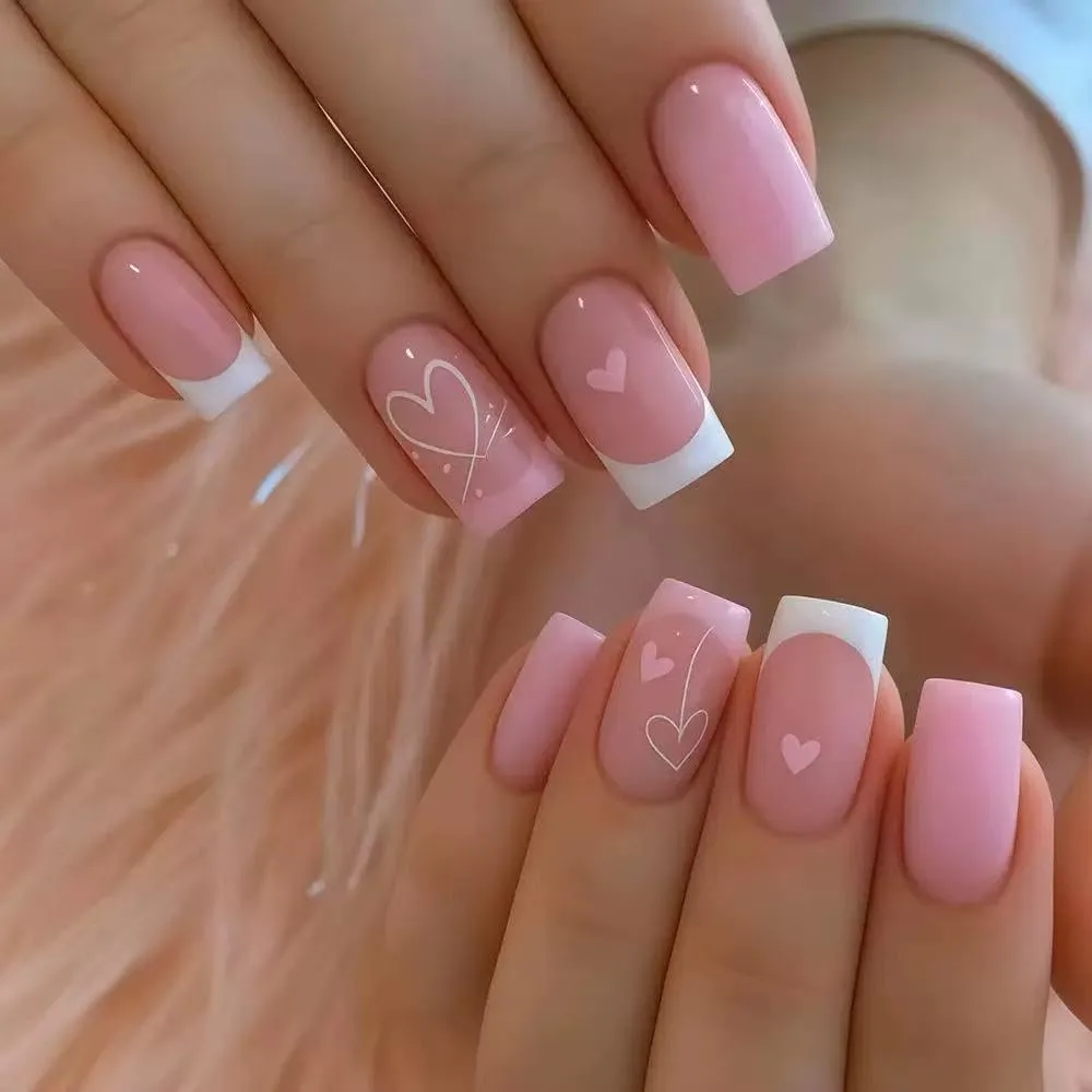White French Tip Press on Nails Medium Square Fake Nails with Heart Design Full Cover Pink Stick on False Nails for Women 24 Pcs