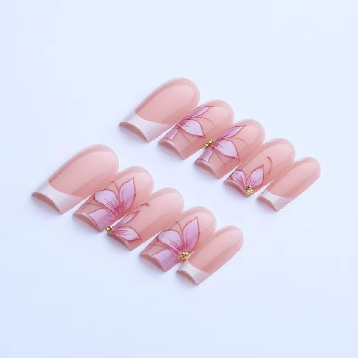 White French Tip Press on Nails Medium Square Fake Nails with Pink Flower Rhinestone Design Full Cover Glossy Stick on False Nails for Women 24 Pcs