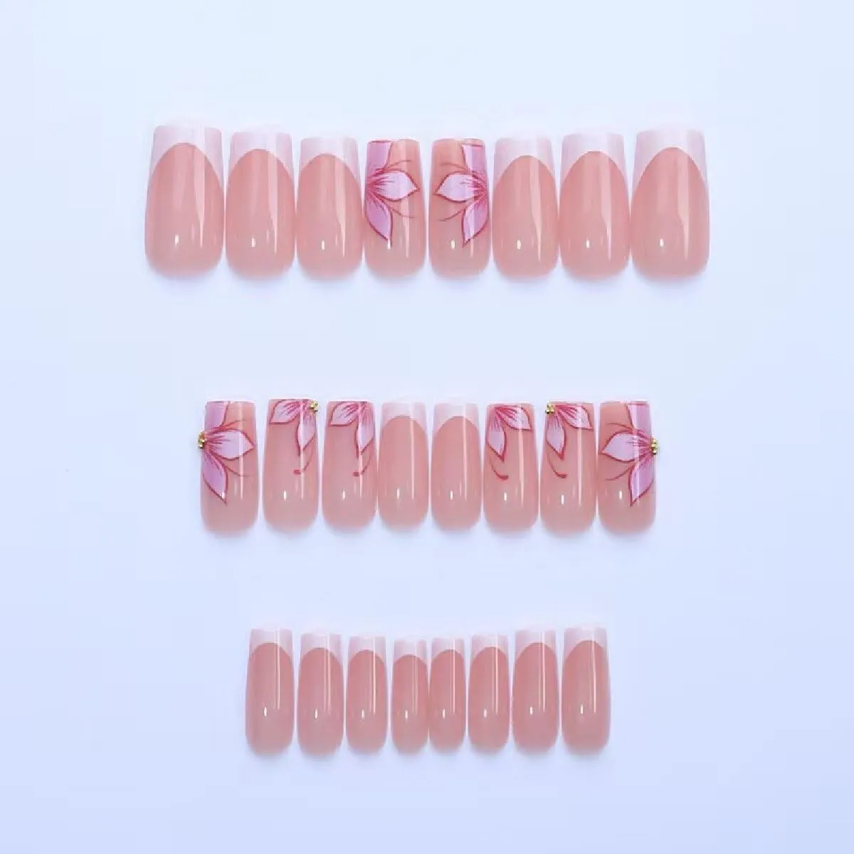 White French Tip Press on Nails Medium Square Fake Nails with Pink Flower Rhinestone Design Full Cover Glossy Stick on False Nails for Women 24 Pcs