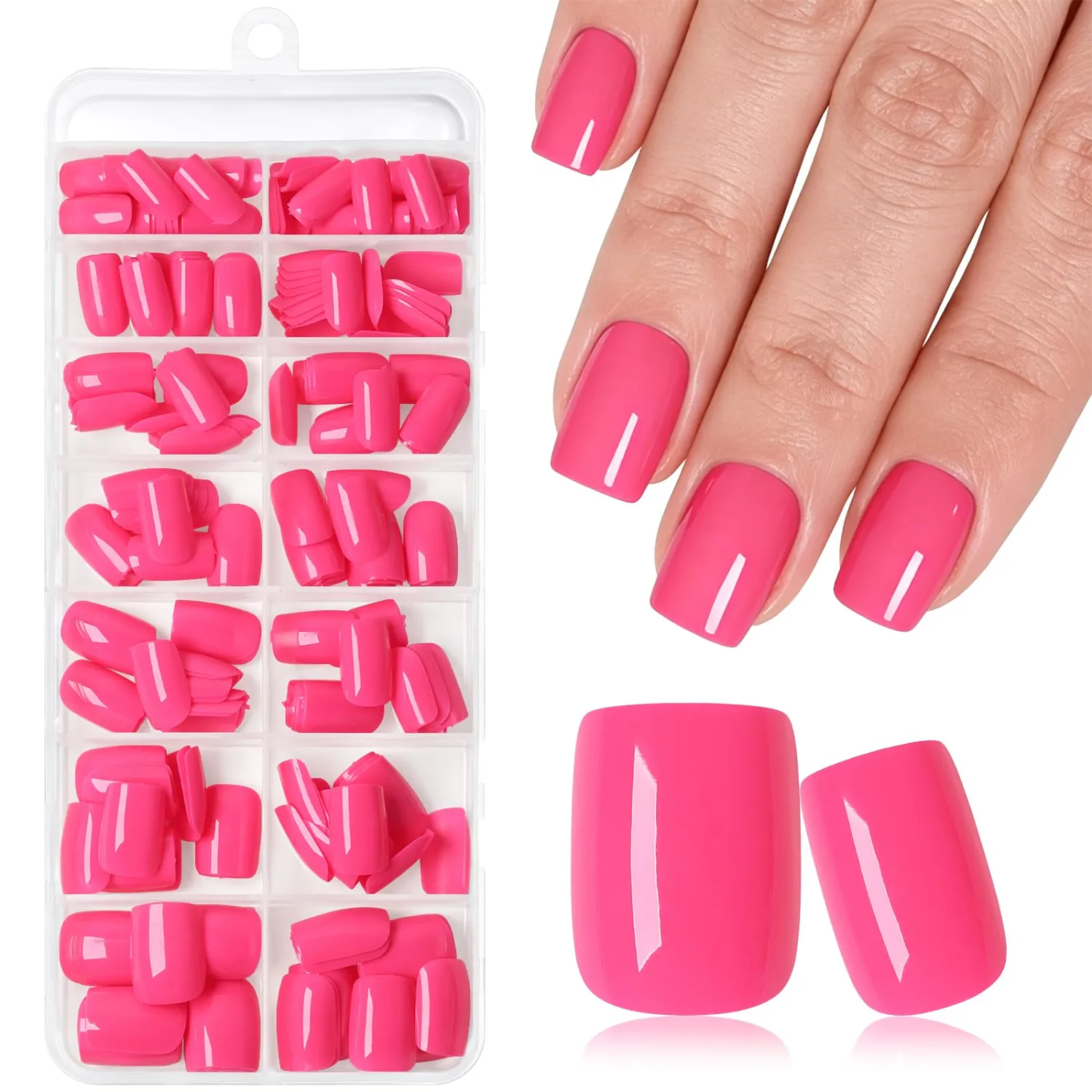 256Pcs Short Square Press on Nails Hot Pink - 16 Sizes Short Nails Press on Square, Glossy Acrylic Fake Nails with Glue and Jelly Tabs,Glue on Nails for Women and Home Nails DIY