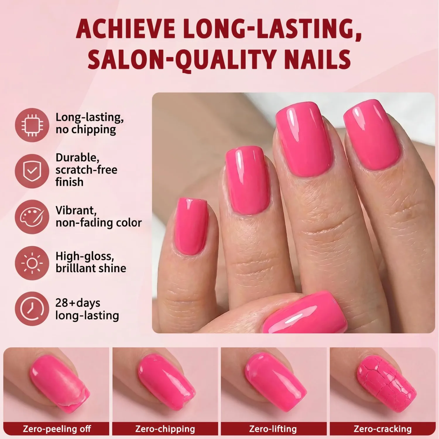 256Pcs Short Square Press on Nails Hot Pink - 16 Sizes Short Nails Press on Square, Glossy Acrylic Fake Nails with Glue and Jelly Tabs,Glue on Nails for Women and Home Nails DIY