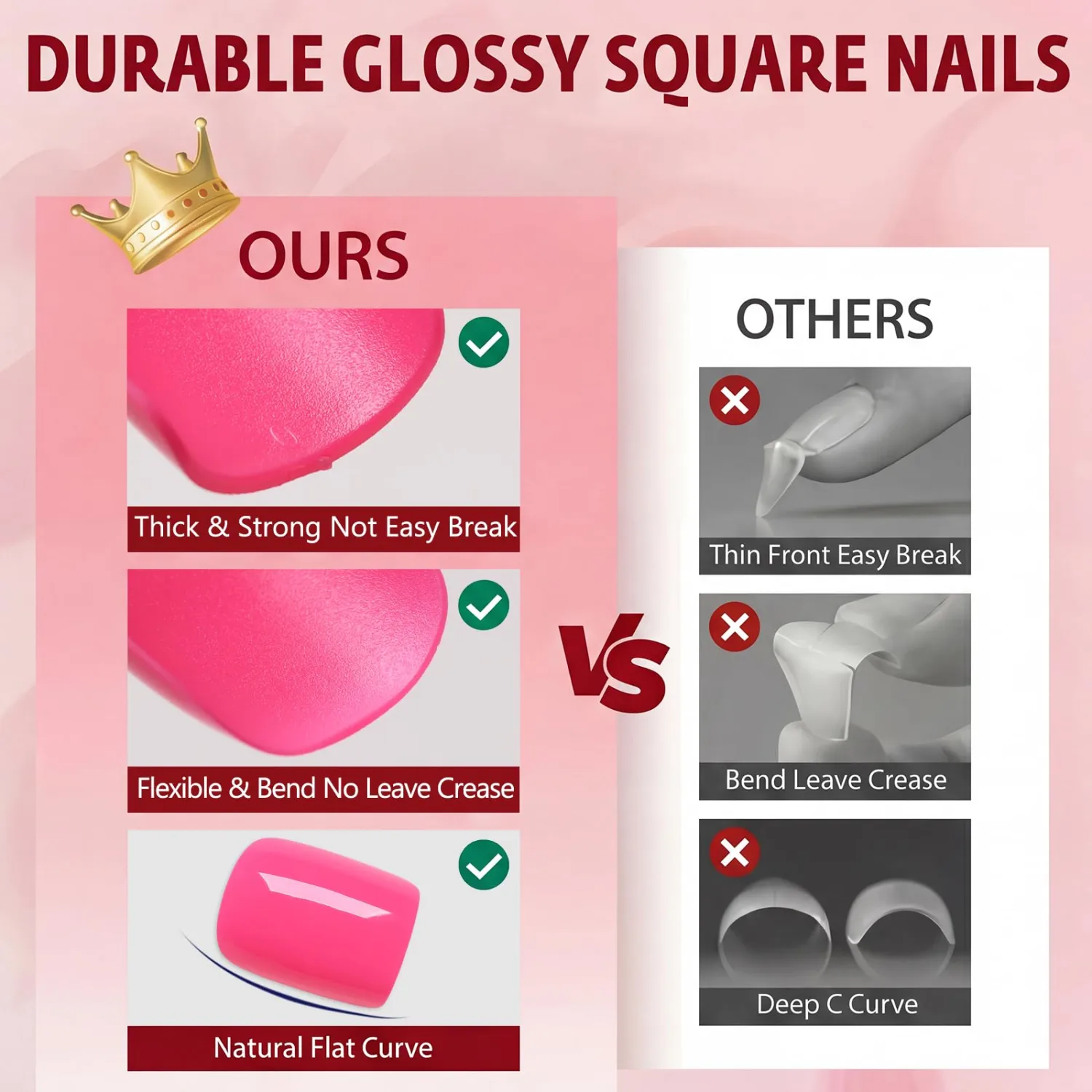 256Pcs Short Square Press on Nails Hot Pink - 16 Sizes Short Nails Press on Square, Glossy Acrylic Fake Nails with Glue and Jelly Tabs,Glue on Nails for Women and Home Nails DIY