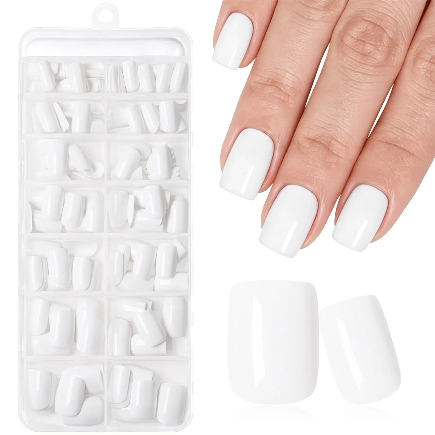 256Pcs Short Square Press on Nails White - 16 Sizes Short Nails Press on Square, Glossy Acrylic Fake Nails with Glue and Jelly Tabs,Glue on Nails for Women and Home Nails DIY