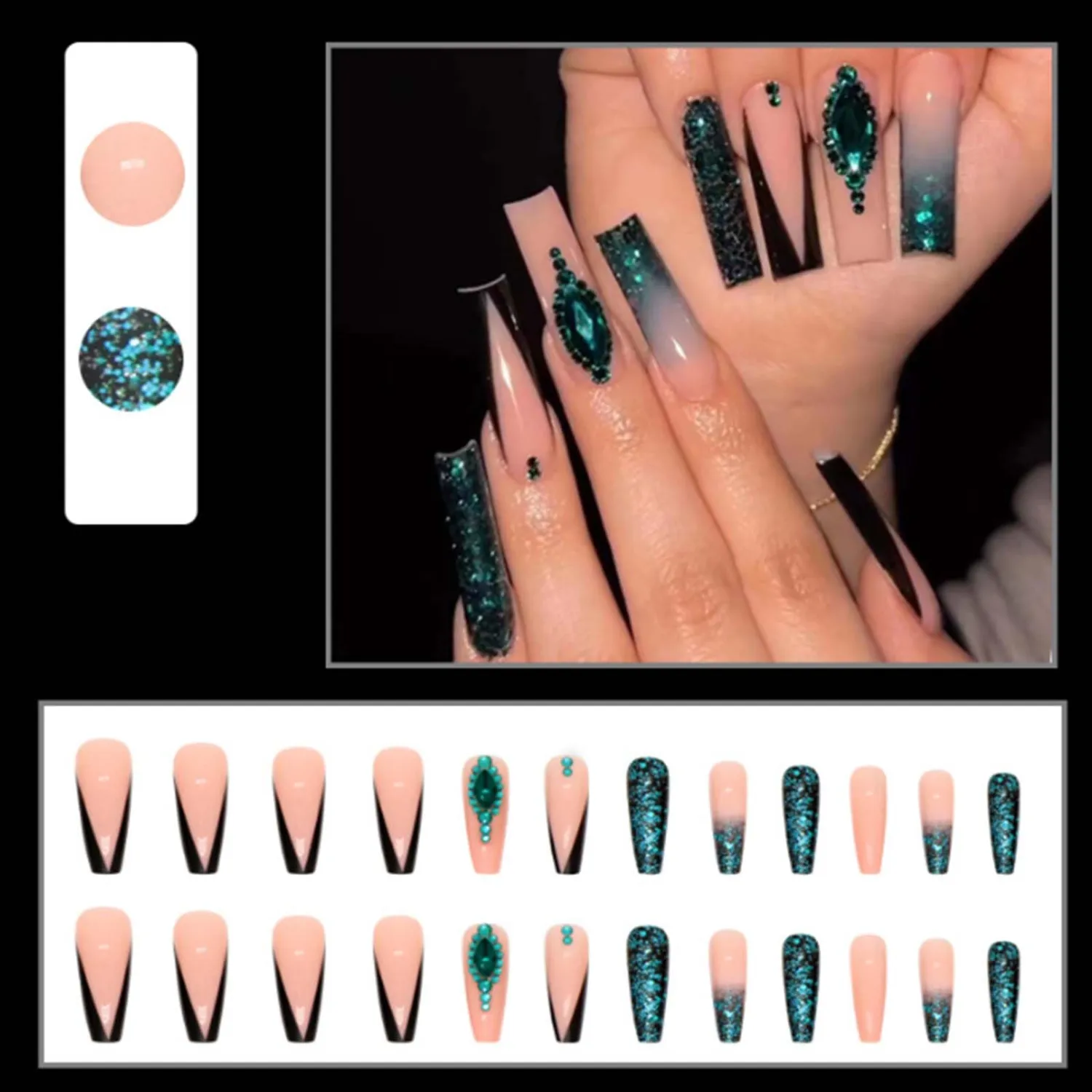 Gradient Fake Nails Long Coffin Press on Nails French Nails Tips Crystal Gem Design Full Cover False Nails Green for Women and Girls 24Pcs