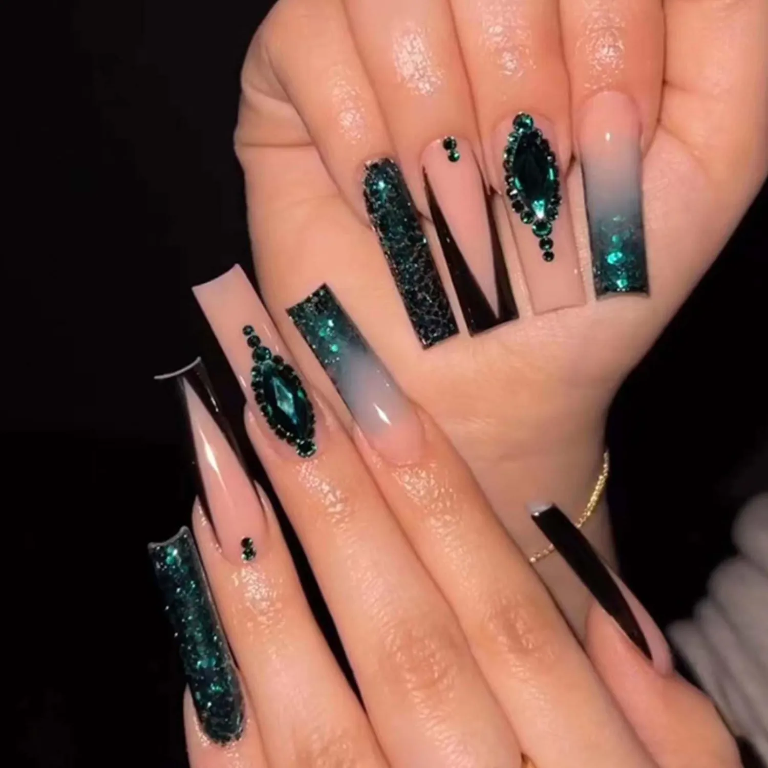 Gradient Fake Nails Long Coffin Press on Nails French Nails Tips Crystal Gem Design Full Cover False Nails Green for Women and Girls 24Pcs