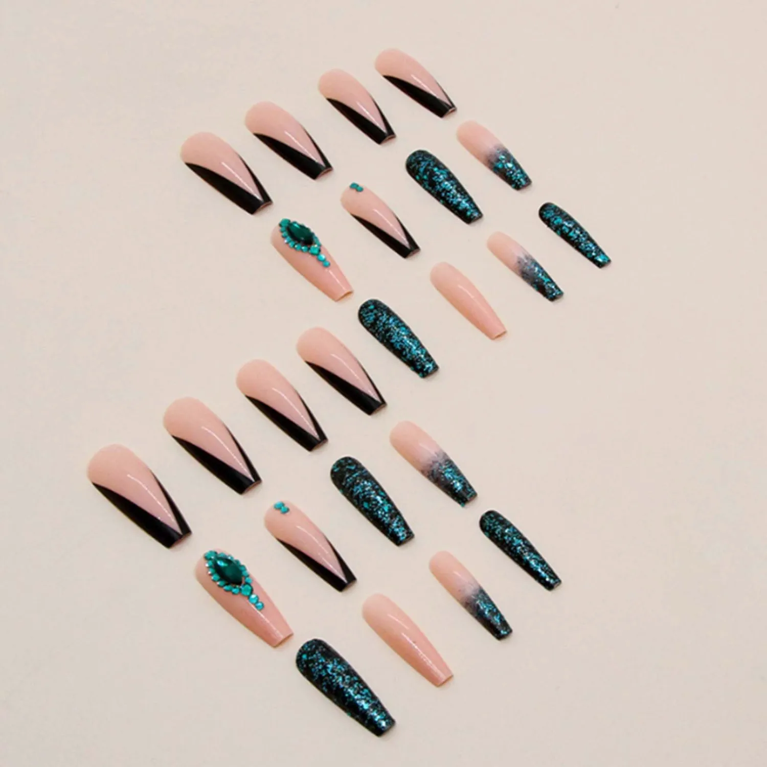 Gradient Fake Nails Long Coffin Press on Nails French Nails Tips Crystal Gem Design Full Cover False Nails Green for Women and Girls 24Pcs