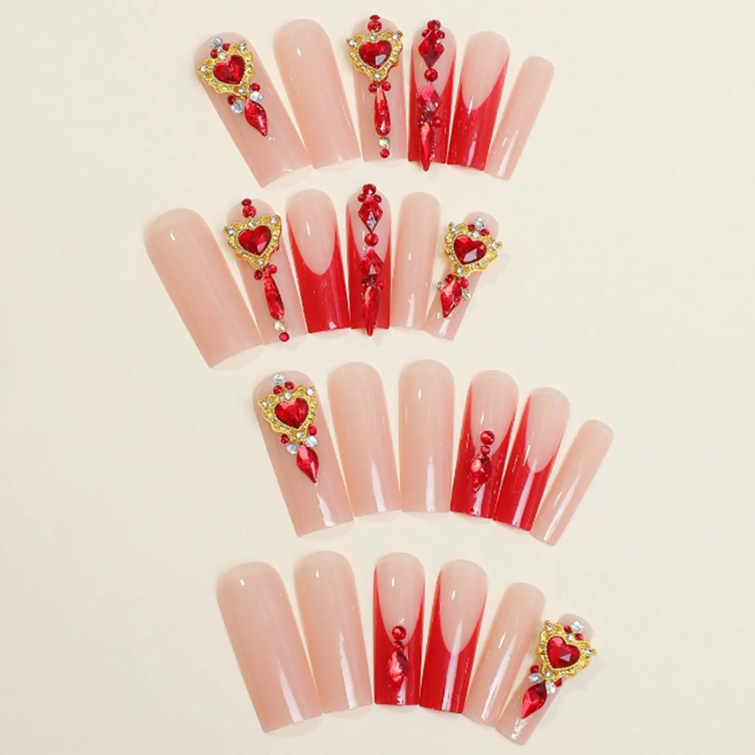 Long Square Press on Nails French Fake Nails Red Nails Tips Full Cover Crystal Gem Design False Nails for Women and Girls 24Pcs