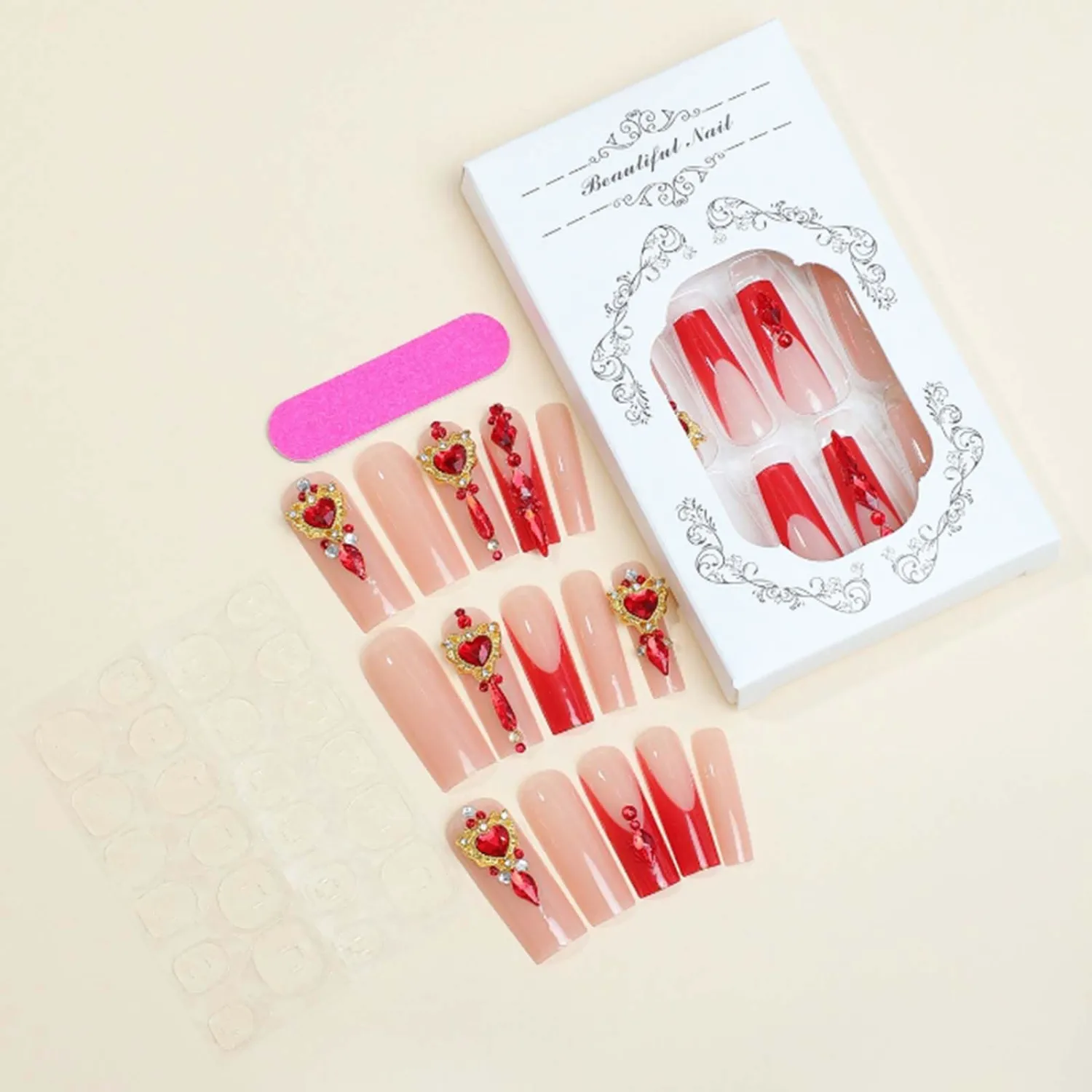 Long Square Press on Nails French Fake Nails Red Nails Tips Full Cover Crystal Gem Design False Nails for Women and Girls 24Pcs