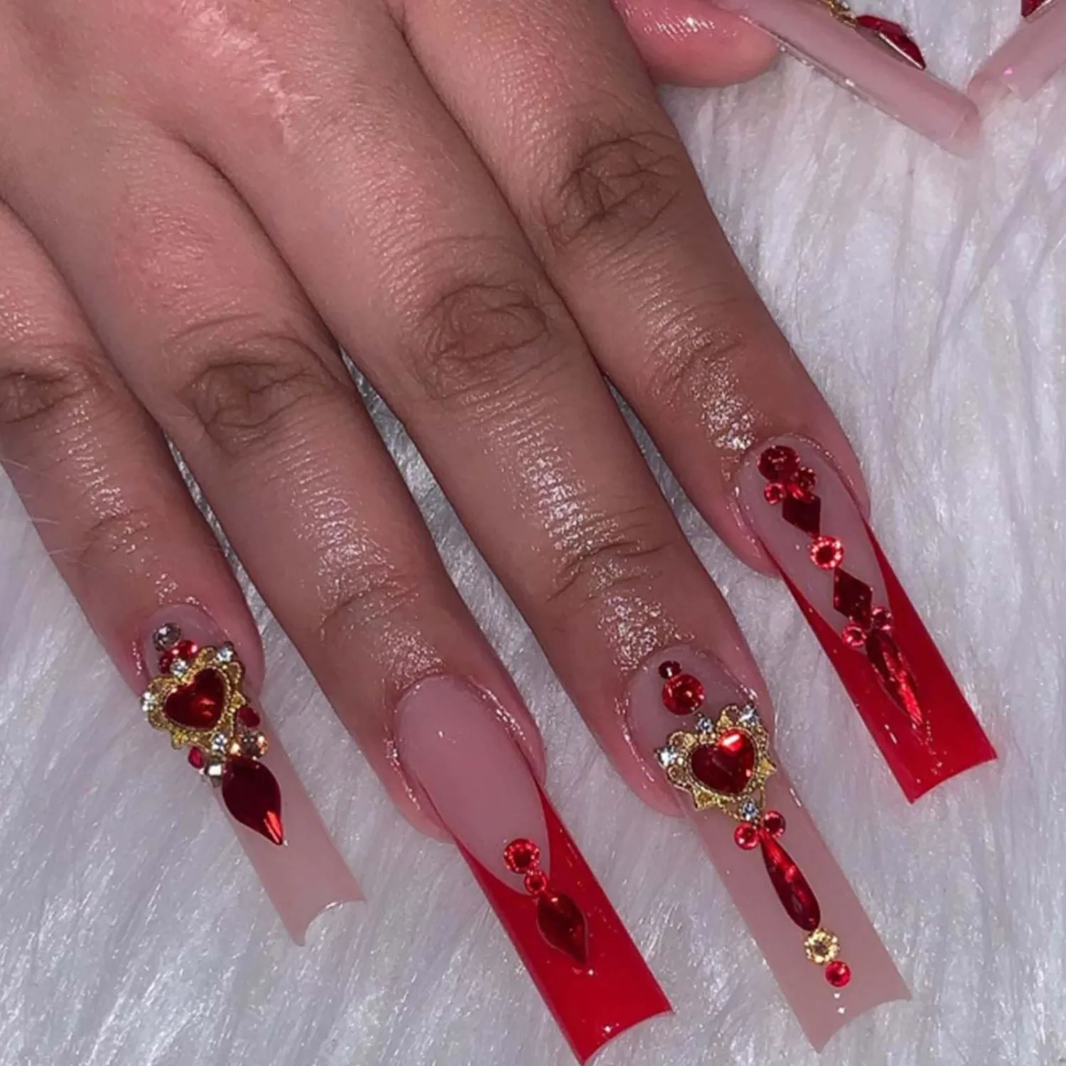 Long Square Press on Nails French Fake Nails Red Nails Tips Full Cover Crystal Gem Design False Nails for Women and Girls 24Pcs