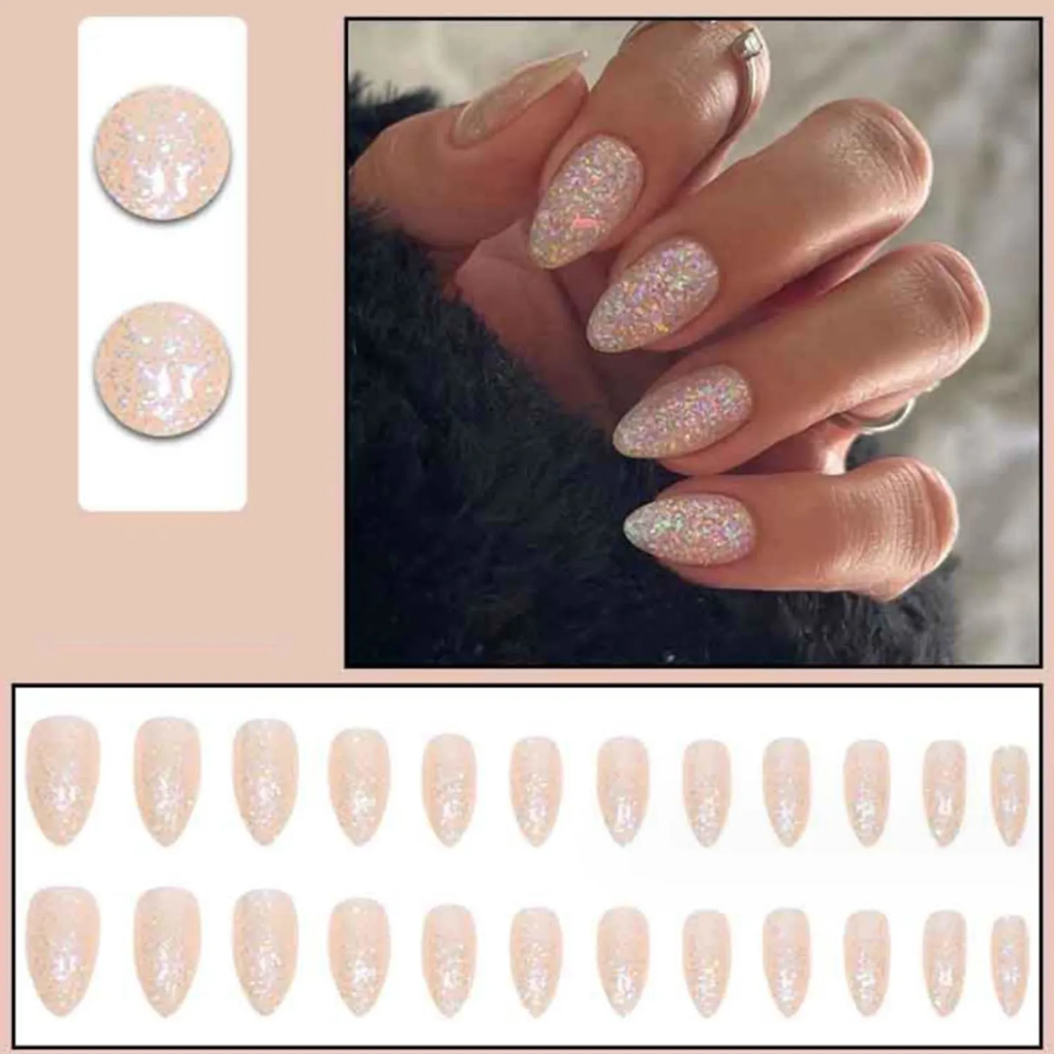 Short False Nails Almond Press on Nails Bling Nails Tips Full Cover Ballerina Fake Nails for Women and Girls 24Pcs