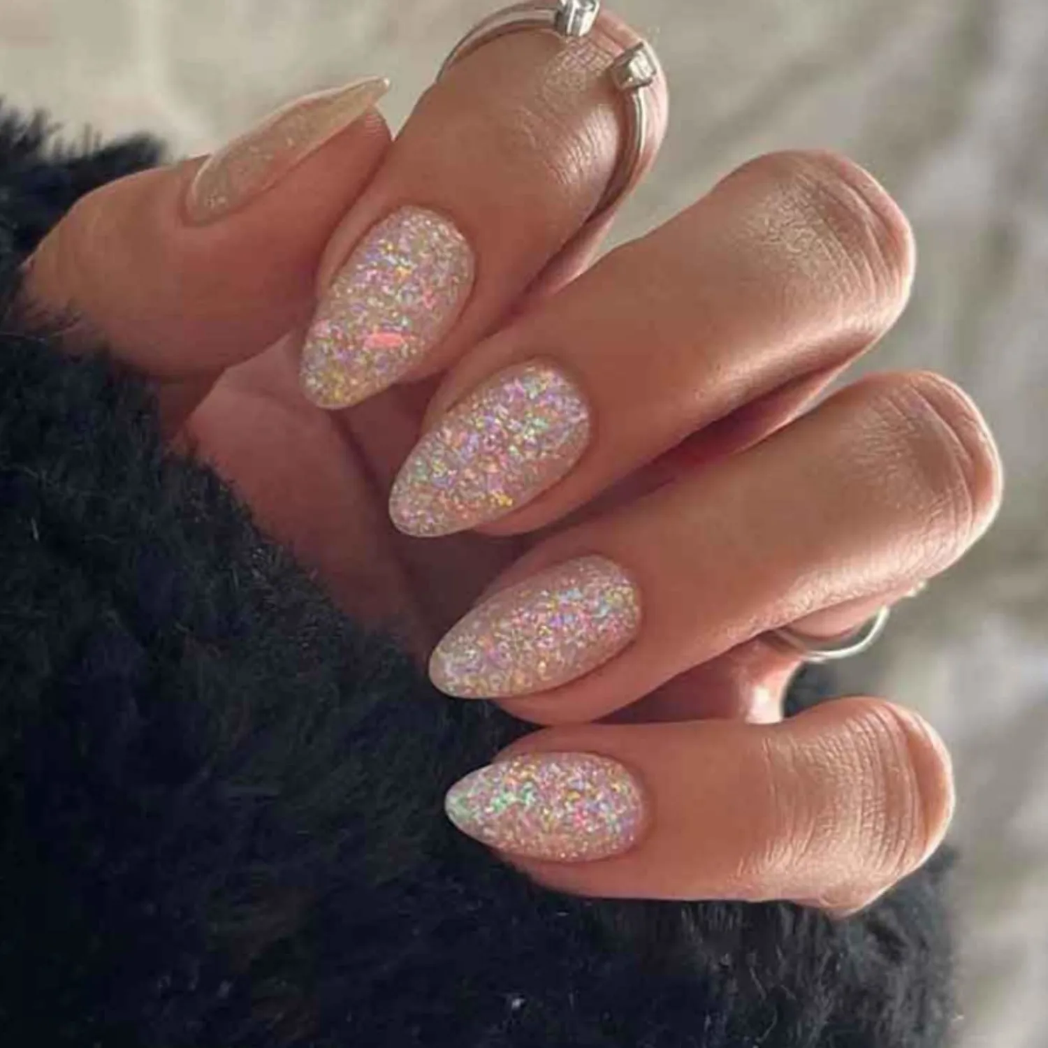 Short False Nails Almond Press on Nails Bling Nails Tips Full Cover Ballerina Fake Nails for Women and Girls 24Pcs