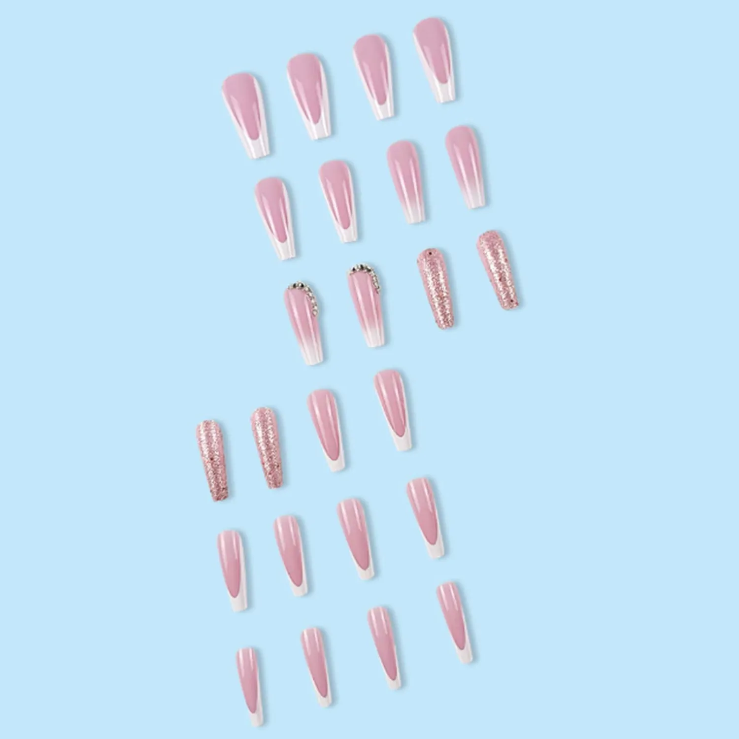 Long Coffin False Nails White French Press on Nails Gradient Nails Tips Acrylic Cute Glitter Fake Nails for Women and Girls 24Pcs