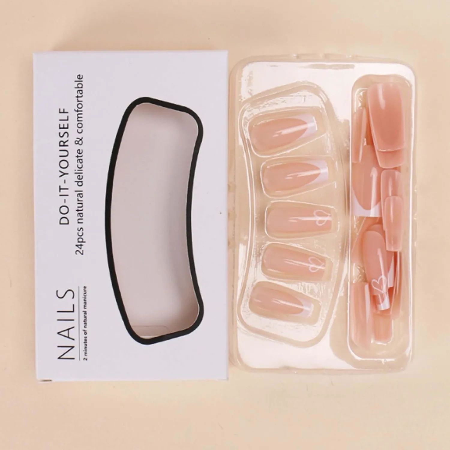 Short French False Nails Coffin Press on Nails Nude Nails Tips Full Cover Cute Fake Nails for Women and Girls 24Pcs