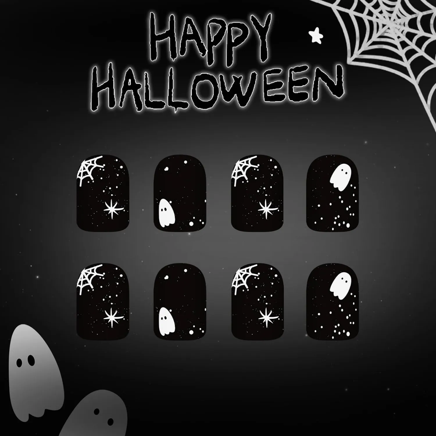 MISUD Press on Nails - Short Square Fake Nails with Goth Black, Acrylic Halloween Ghost Spider Design 24 pcs
