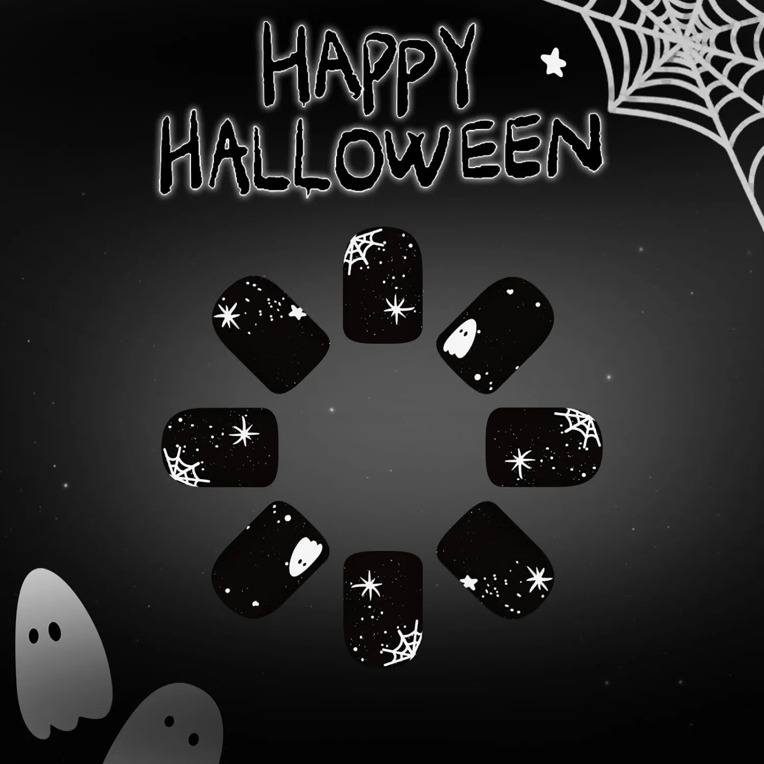 MISUD Press on Nails - Short Square Fake Nails with Goth Black, Acrylic Halloween Ghost Spider Design 24 pcs