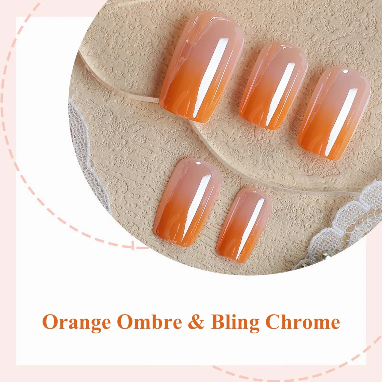 MISUD Press on Nails - Short Square Fake Nails with Summer Orange Ombre, Acrylic Chrome Design 24 pcs