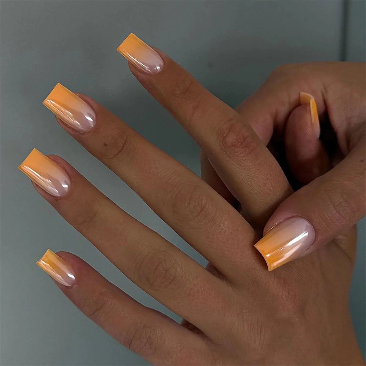 MISUD Press on Nails - Short Square Fake Nails with Summer Orange Ombre, Acrylic Chrome Design 24 pcs