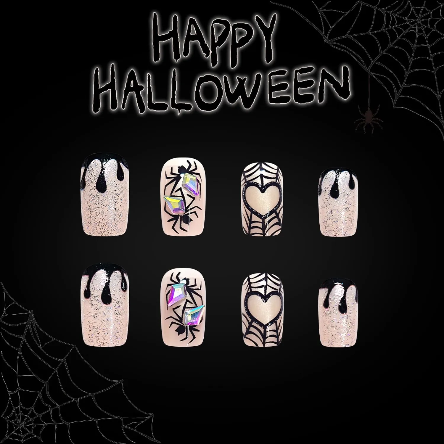 MISUD Press on Nails - Short Square Fake Nails with Goth Halloween, Acrylic Spider Rhinestone Design 24 pcs