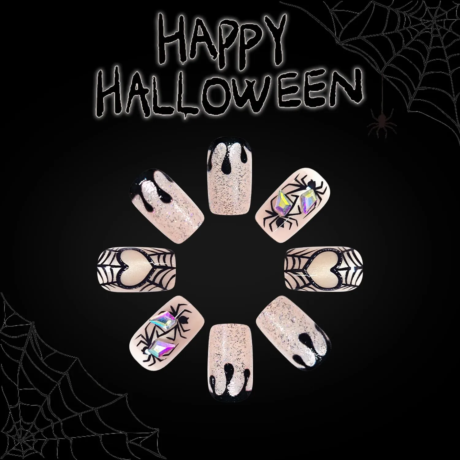 MISUD Press on Nails - Short Square Fake Nails with Goth Halloween, Acrylic Spider Rhinestone Design 24 pcs