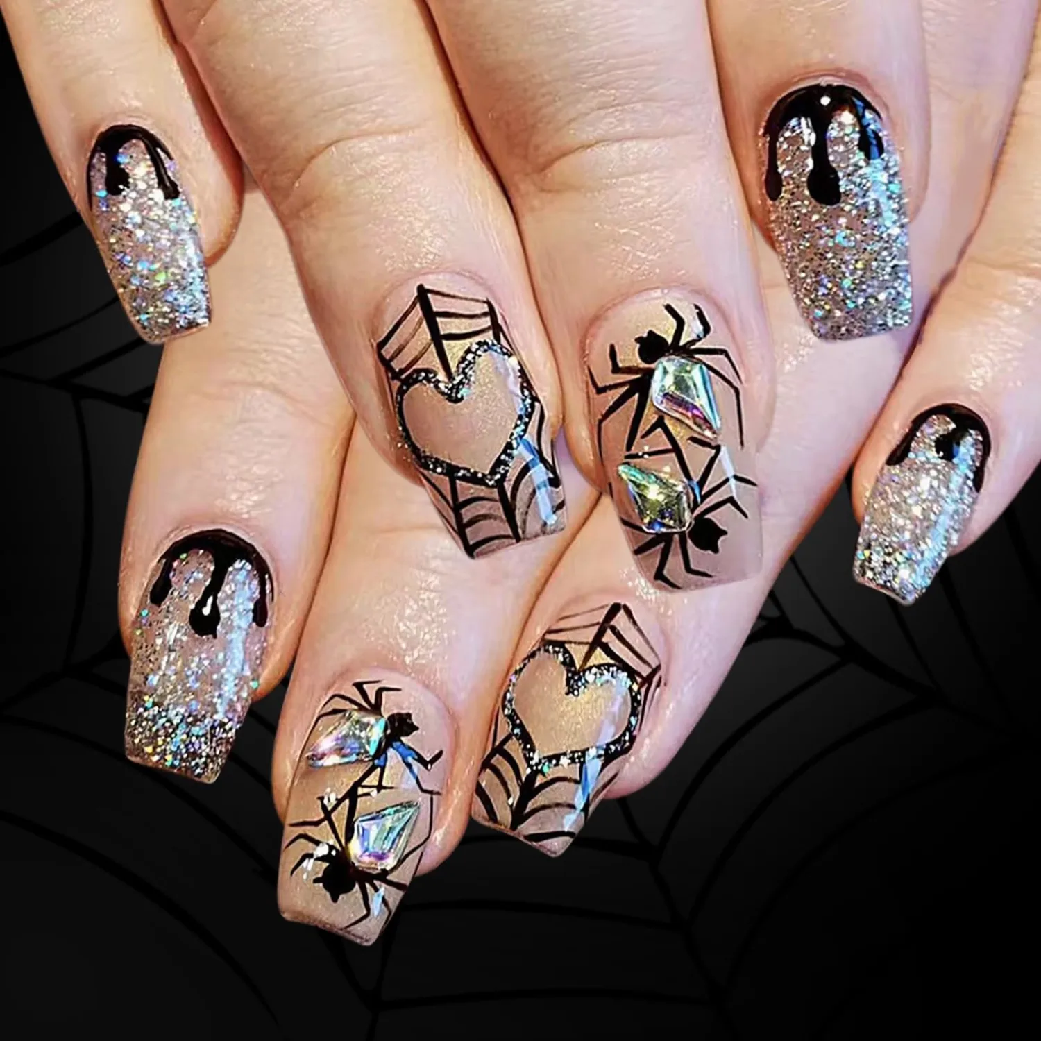 MISUD Press on Nails - Short Square Fake Nails with Goth Halloween, Acrylic Spider Rhinestone Design 24 pcs