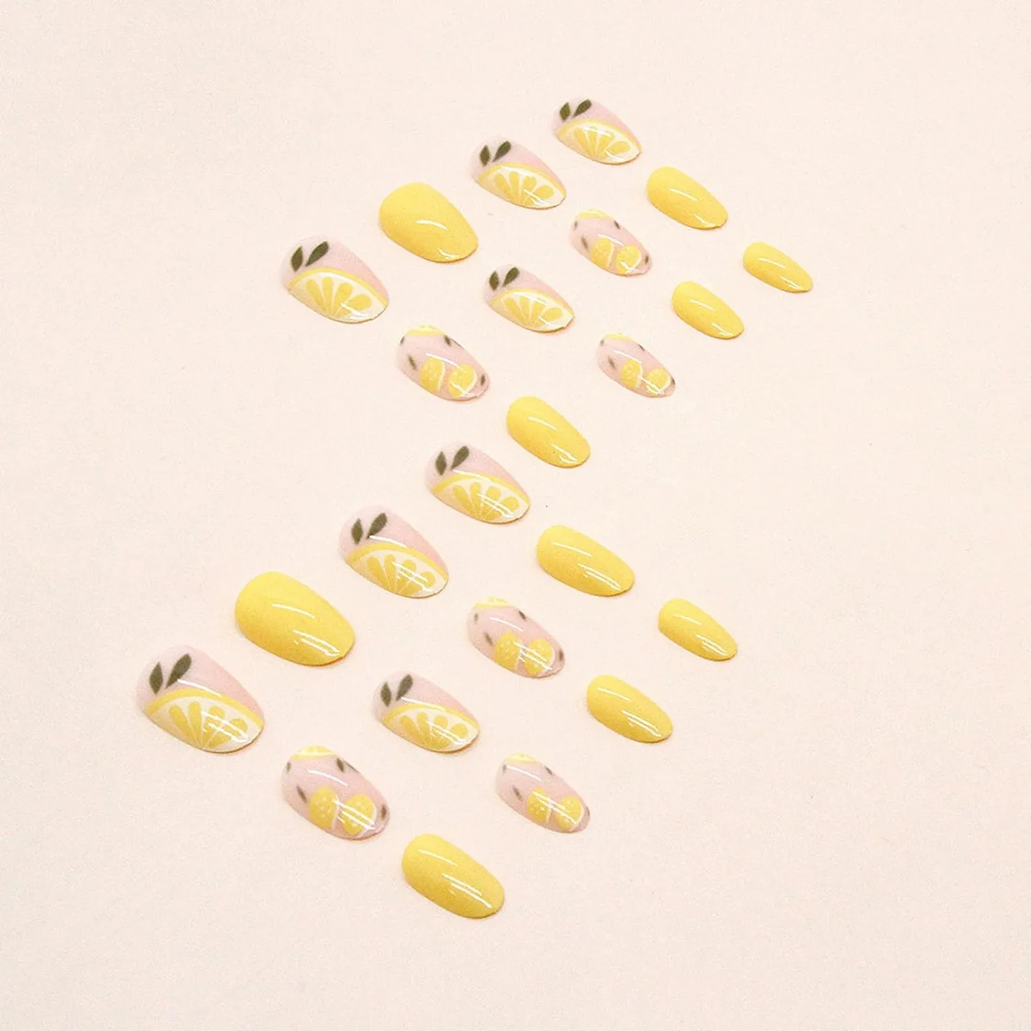 MISUD Press on Nails - Short Oval Fake Nails with Yellow Lemon, Acrylic Summer Fruit Design 24 pcs