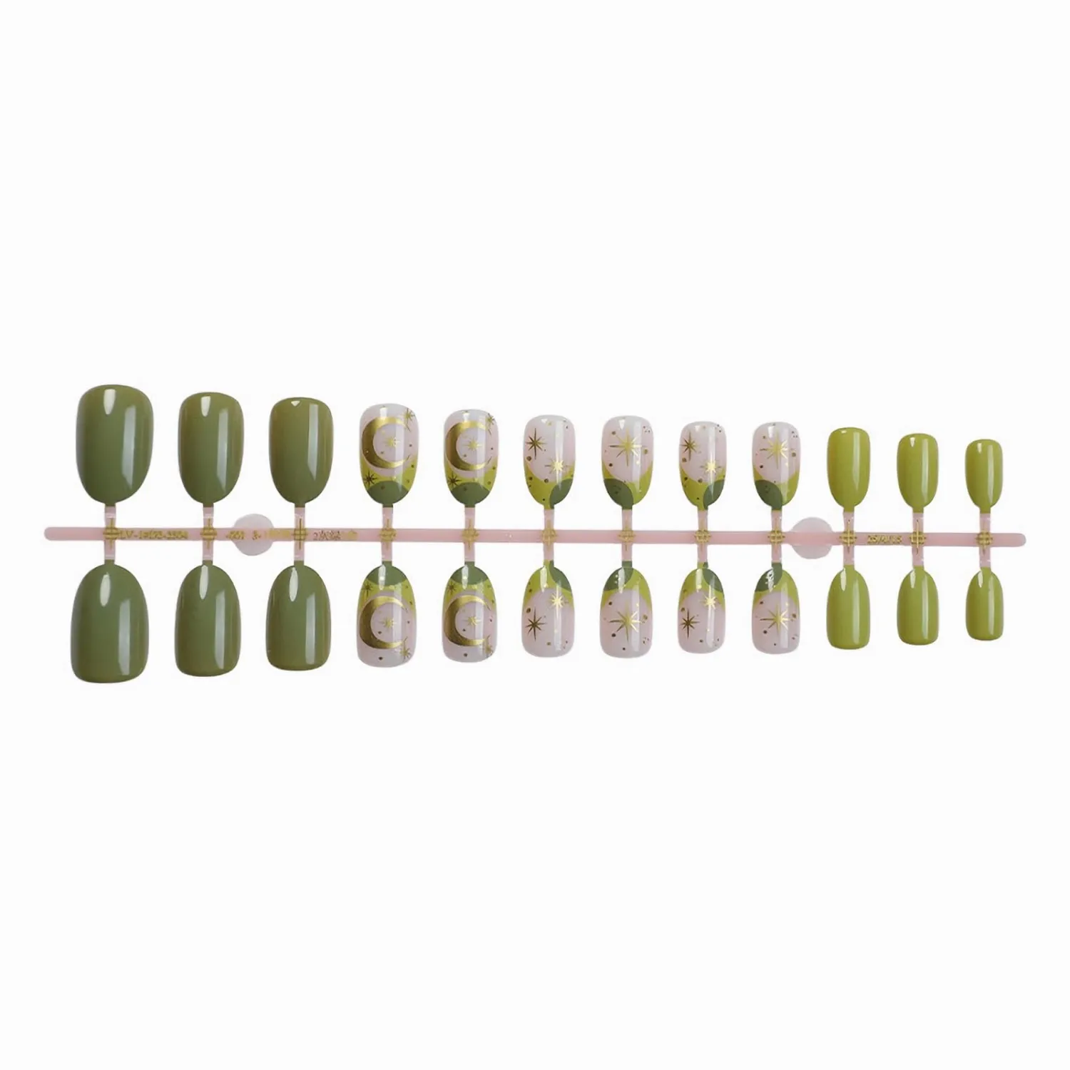 MISUD Press on Nails - Short Oval Fake Nails with Green, Acrylic Gold Star Moon Design 24 pcs