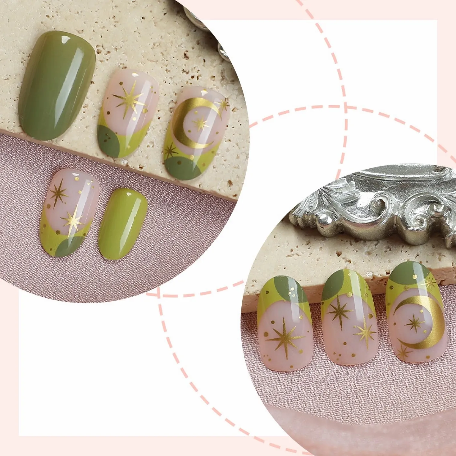 MISUD Press on Nails - Short Oval Fake Nails with Green, Acrylic Gold Star Moon Design 24 pcs