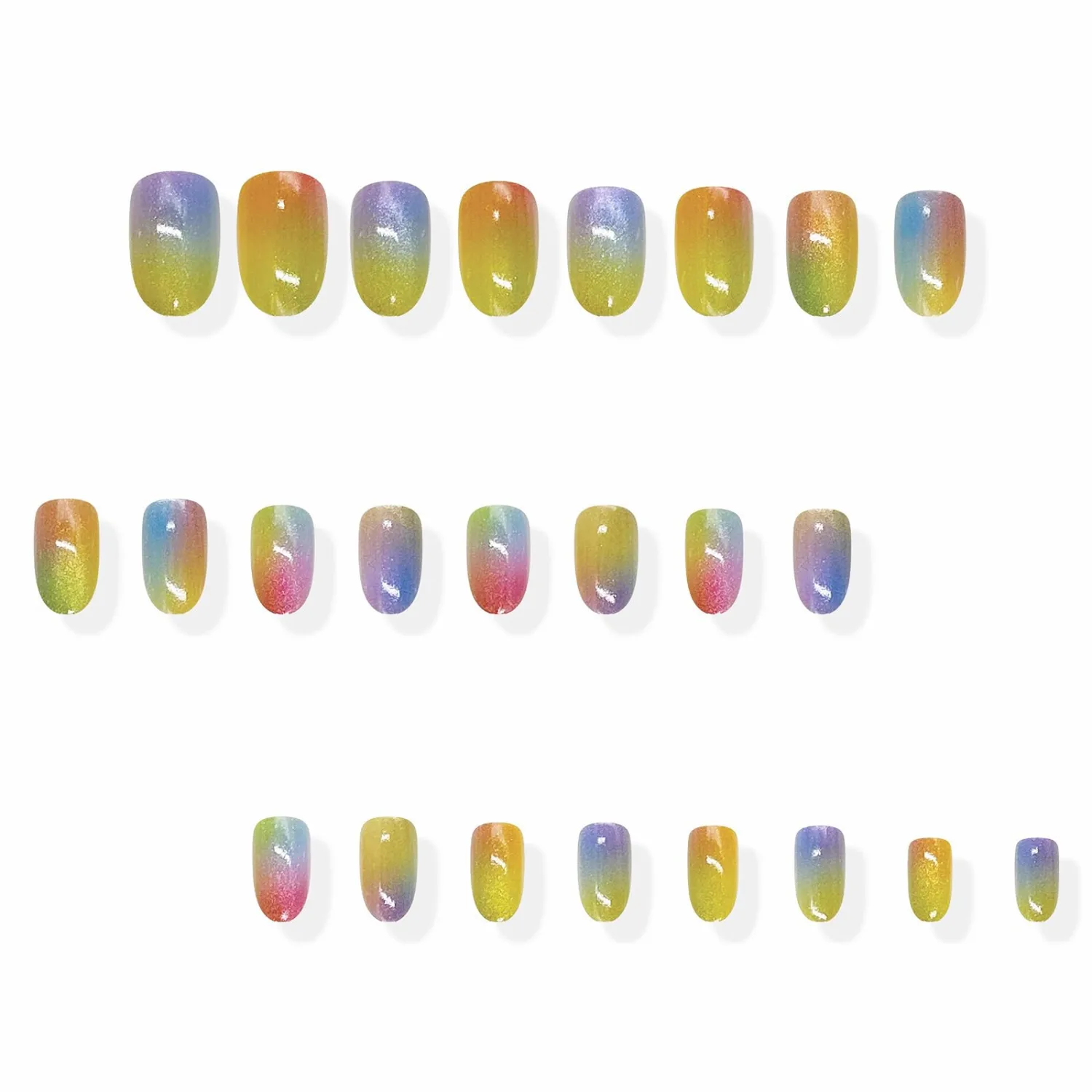 MISUD Press on Nails - Short Oval Fake Nails with Colorful Ombre, Acrylic Bling Cat Eye Design 24 pcs
