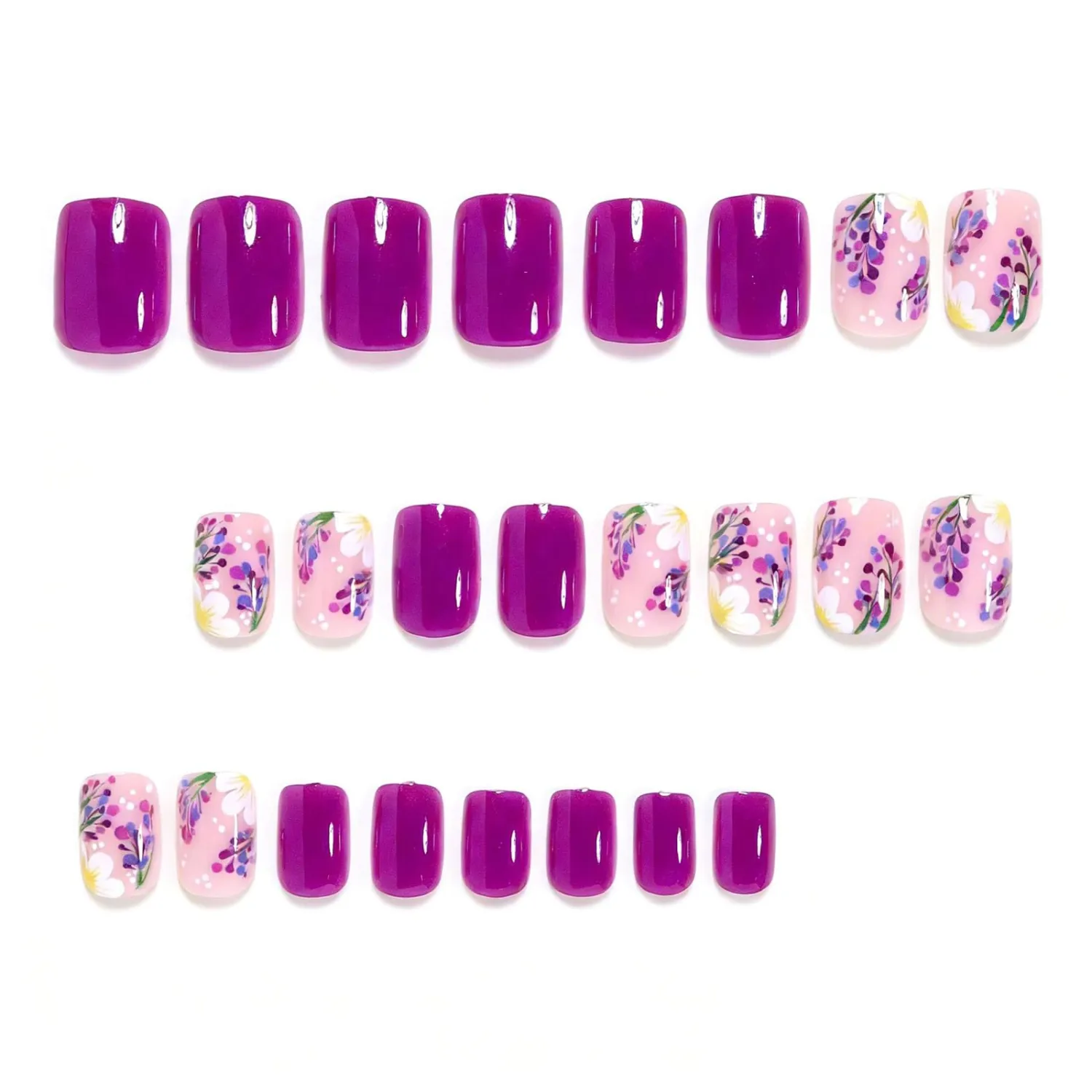 MISUD Press on Nails - Short Square Fake Nails with Purple Flower, Acrylic Spring Summer Floral Design 24 pcs