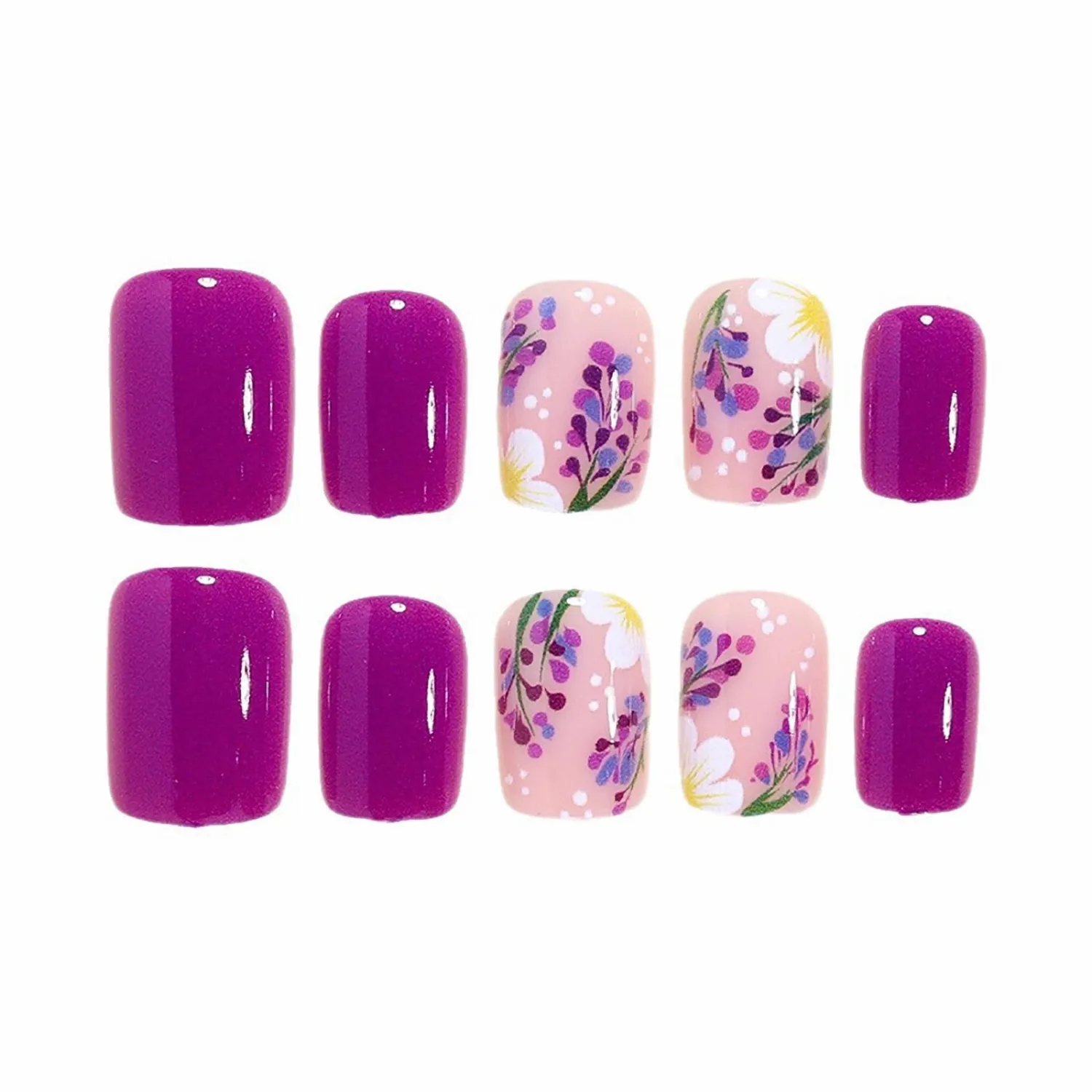 MISUD Press on Nails - Short Square Fake Nails with Purple Flower, Acrylic Spring Summer Floral Design 24 pcs