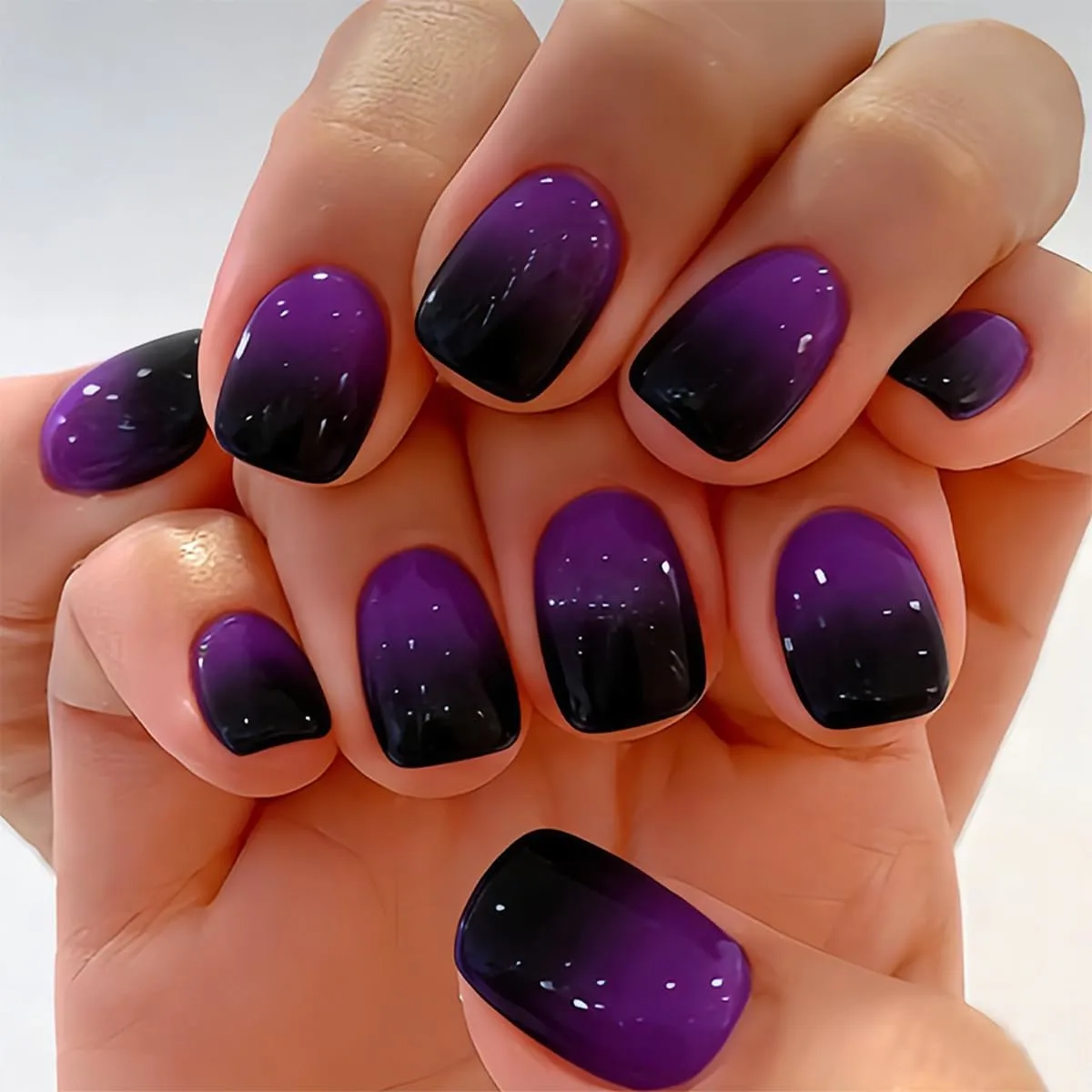 Gradient Purple Black Press on Nails Short Square Glossy False Nails Full Cover Acrylic Fake Nails with Design French Tip Glue on Nail for Women and Girls 24 Pcs Reusable Stick on Nails