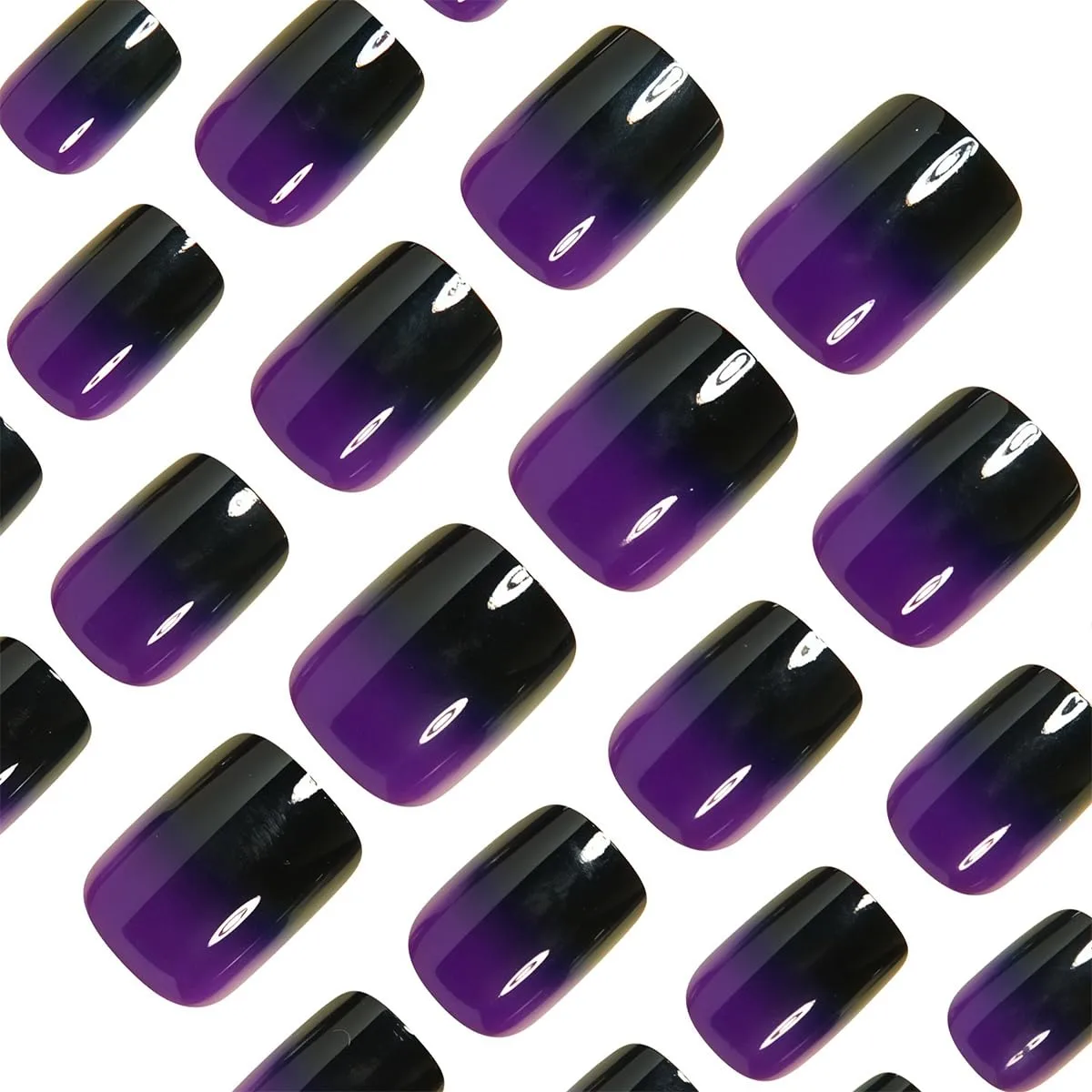Gradient Purple Black Press on Nails Short Square Glossy False Nails Full Cover Acrylic Fake Nails with Design French Tip Glue on Nail for Women and Girls 24 Pcs Reusable Stick on Nails