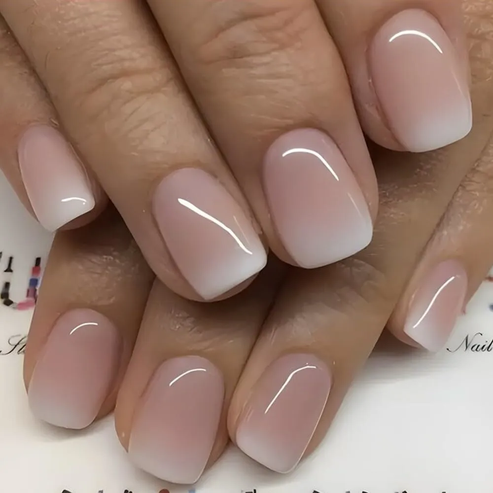 French Tip Press On Nails - Short Square Pink White Gradient False Nails with Design - Glossy Acrylic Artificial Nails - Full Cover Stick On Nails - 24 Pcs DIY Manicure