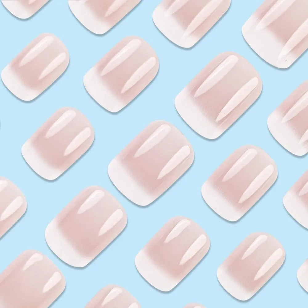 French Tip Press On Nails - Short Square Pink White Gradient False Nails with Design - Glossy Acrylic Artificial Nails - Full Cover Stick On Nails - 24 Pcs DIY Manicure