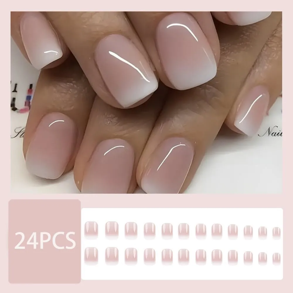 French Tip Press On Nails - Short Square Pink White Gradient False Nails with Design - Glossy Acrylic Artificial Nails - Full Cover Stick On Nails - 24 Pcs DIY Manicure