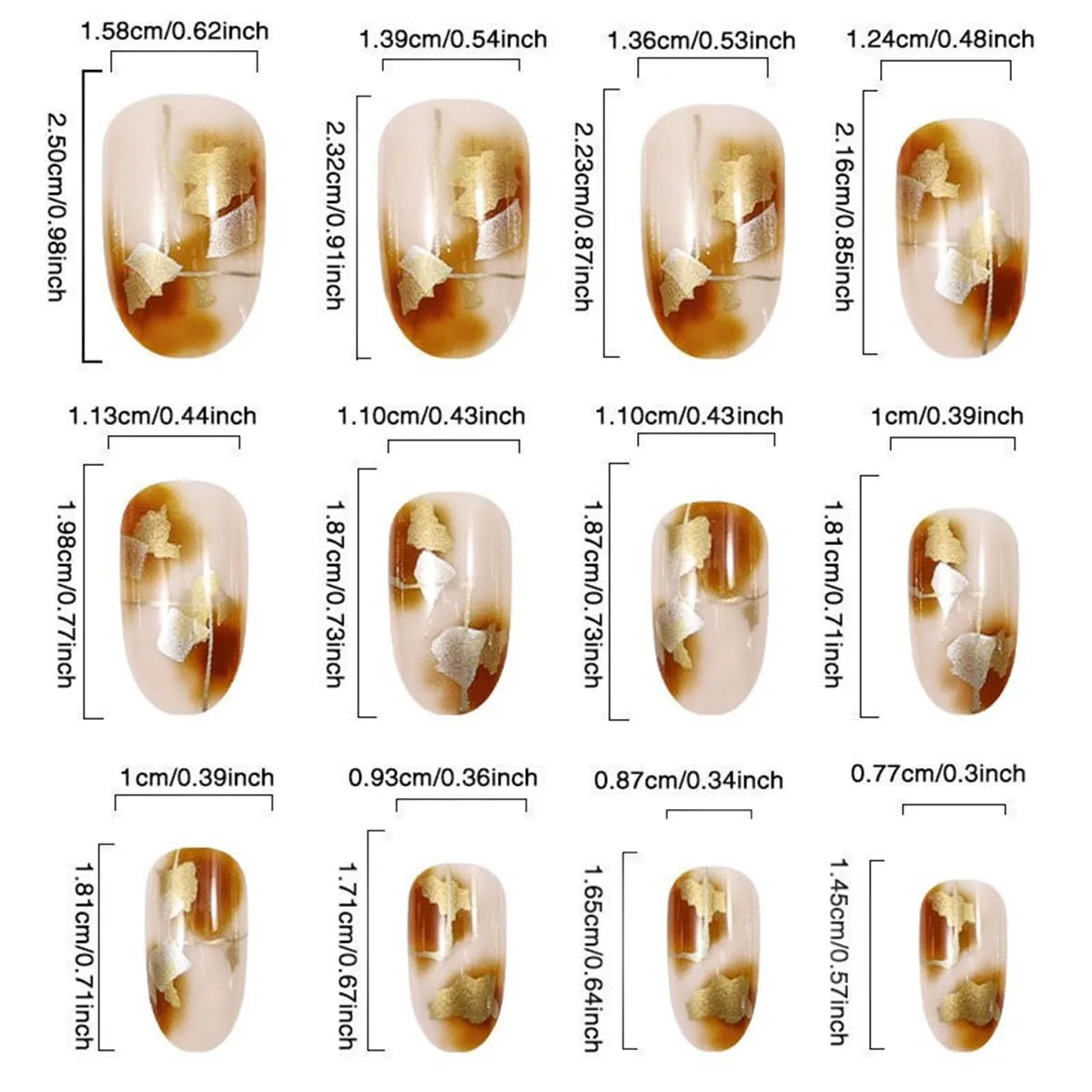 Brown Marble Press on Nails Medium Oval Glossy Fake Nails with Glitter and Gold Foil Designs Natural Reusable Acrylic Nails Full Cover Artificial Nail Kit for Women and Girls 24 Pcs