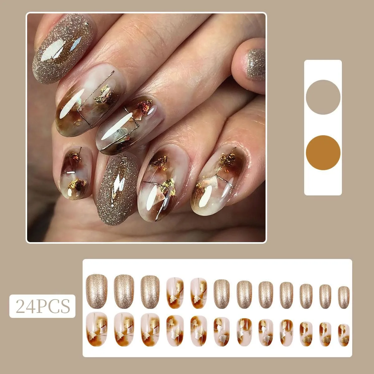 Brown Marble Press on Nails Medium Oval Glossy Fake Nails with Glitter and Gold Foil Designs Natural Reusable Acrylic Nails Full Cover Artificial Nail Kit for Women and Girls 24 Pcs
